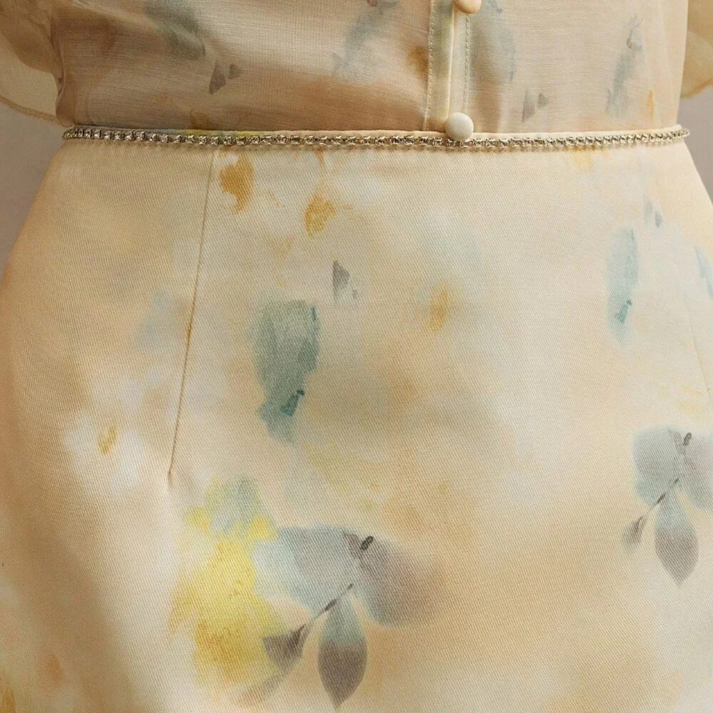 Yellow Elegant Women's French Floral Print High Waist Skirt